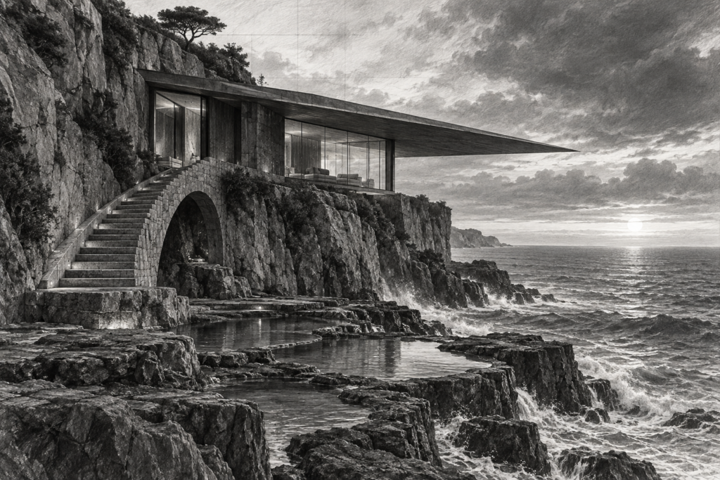 Coastal cliff residence with a knife-edge roof, tide pools, and arched stair.