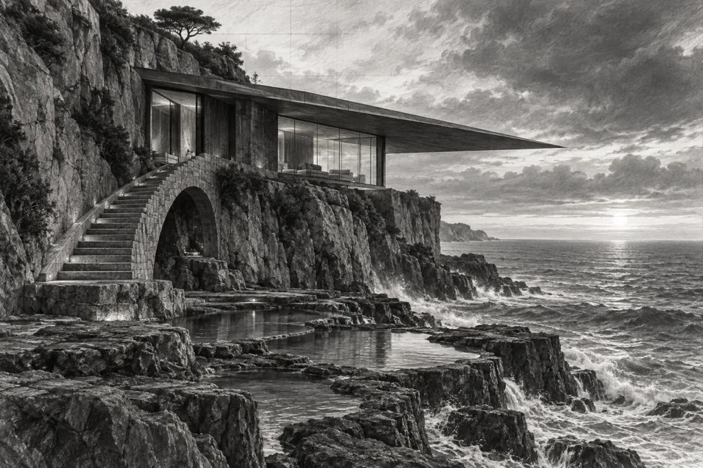 Coastal cliff residence with a knife-edge roof, tide pools, and arched stair.