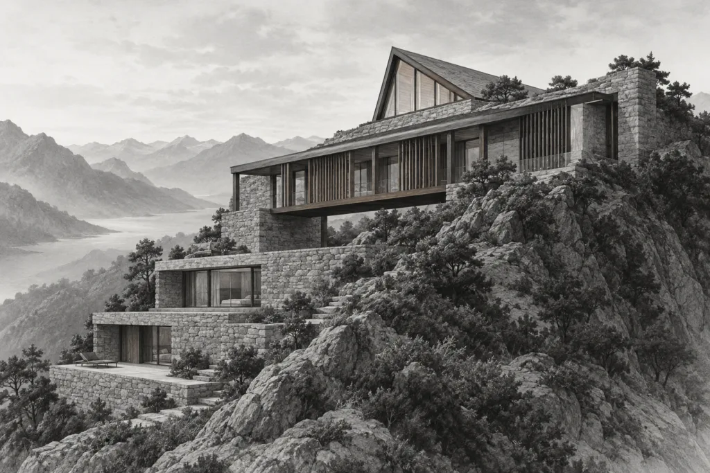 Mountain-ridge residence with stepped terraces, a timber gallery and triangular roof lantern.