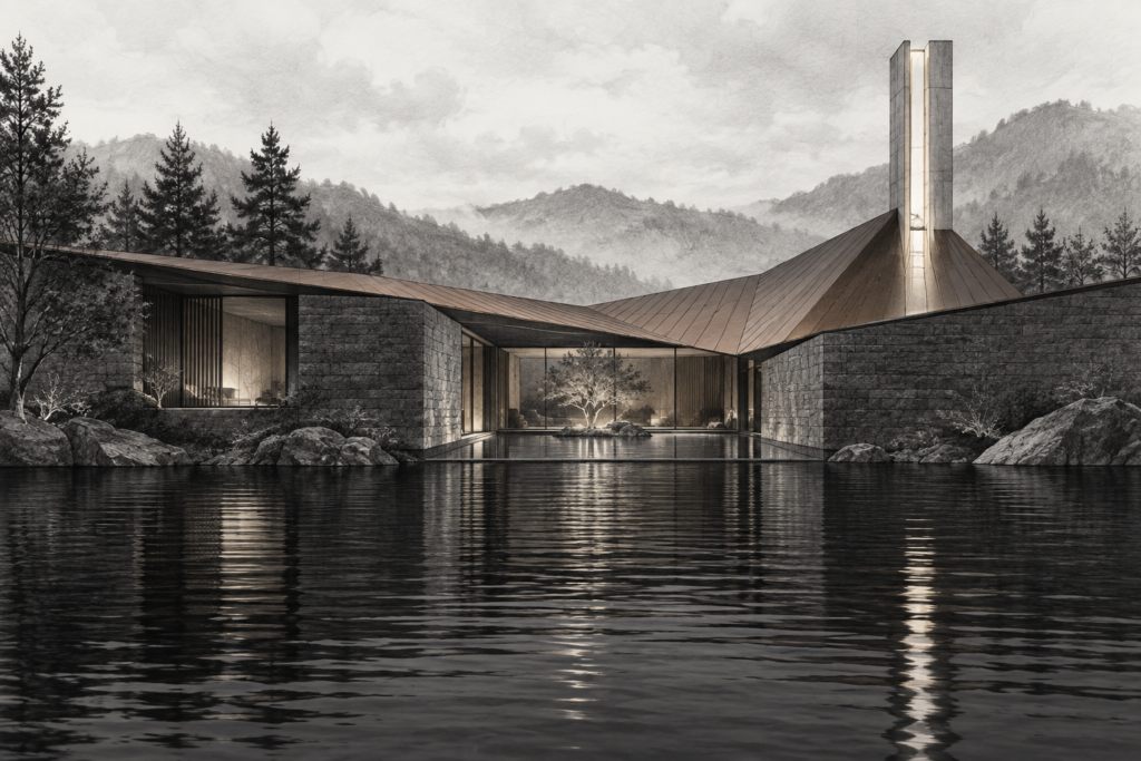 Lake residence with a folded roof, submerged courtyard and narrow light chimney.