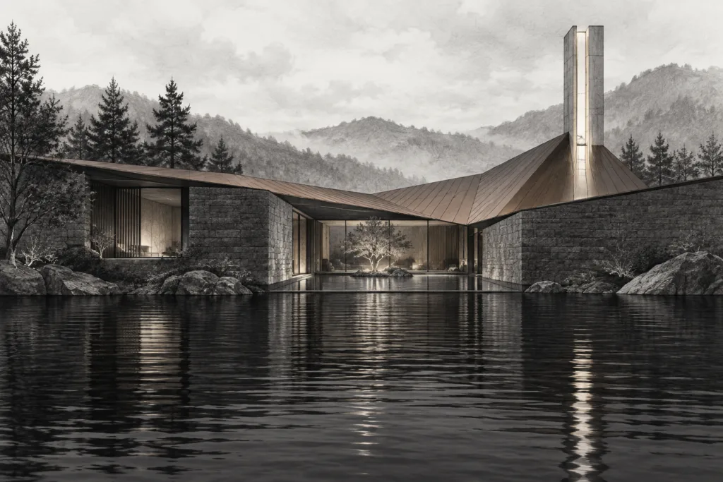 Stealing Tech Secrets: Luxury Real Estate Tech Innovation 1 Lake residence with a folded roof, submerged courtyard and narrow light chimney.