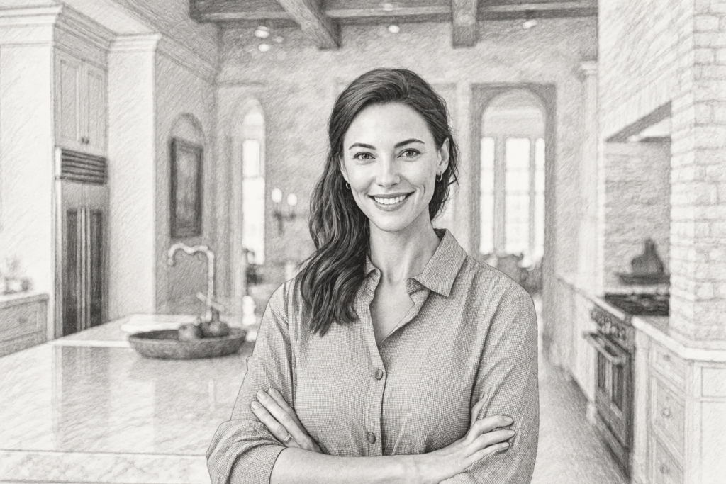 Smiling woman standing in a bright interior beside an arched opening.