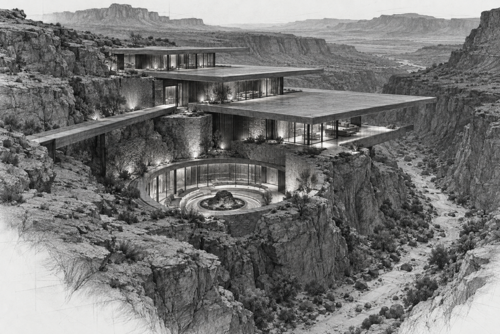 Augmented Reality Luxury Real Estate: Roi, Privacy, Playbook 1 Canyon residence with circular sunken observatory, stepped roofs, and bridge.