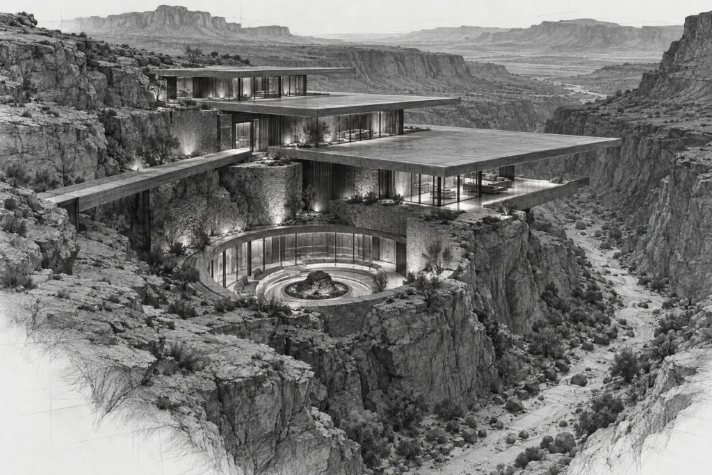 Augmented Reality Luxury Real Estate: Roi, Privacy, Playbook 1 Canyon residence with circular sunken observatory, stepped roofs, and bridge.