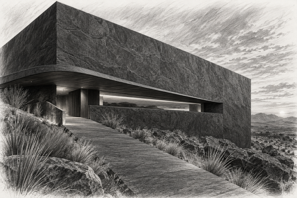 Revolutionize Your Brokerage: Unconventional Luxury Branding Tactics | Re Luxe Leaders® 1 Desert residence with a monolithic stone wall, horizontal opening, and ribbon roof.