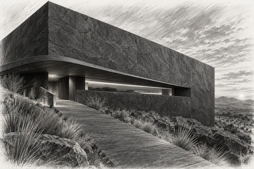 Revolutionize Your Brokerage: Unconventional Luxury Branding Tactics | Re Luxe Leaders® 1 Desert residence with a monolithic stone wall, horizontal opening, and ribbon roof.