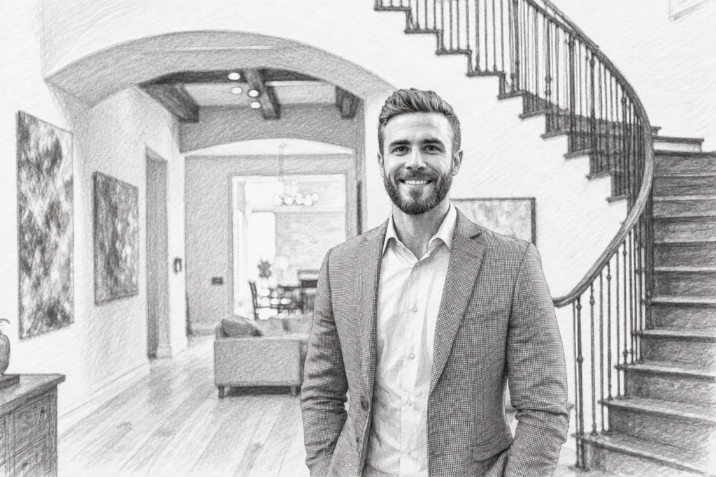 Smiling man standing in an arched hallway.