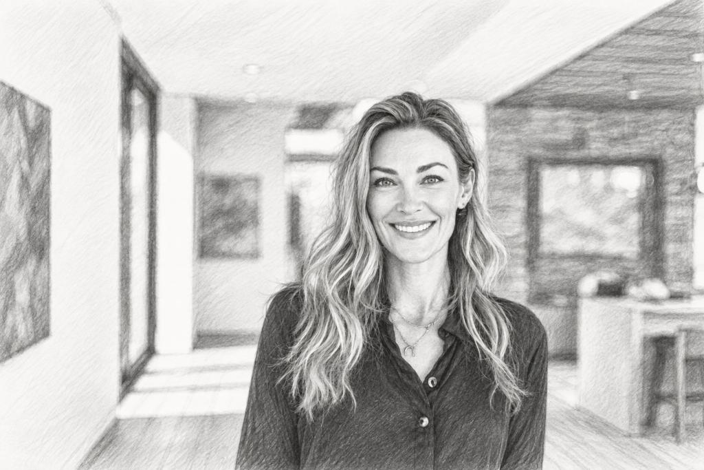 Smiling woman standing in a bright interior.