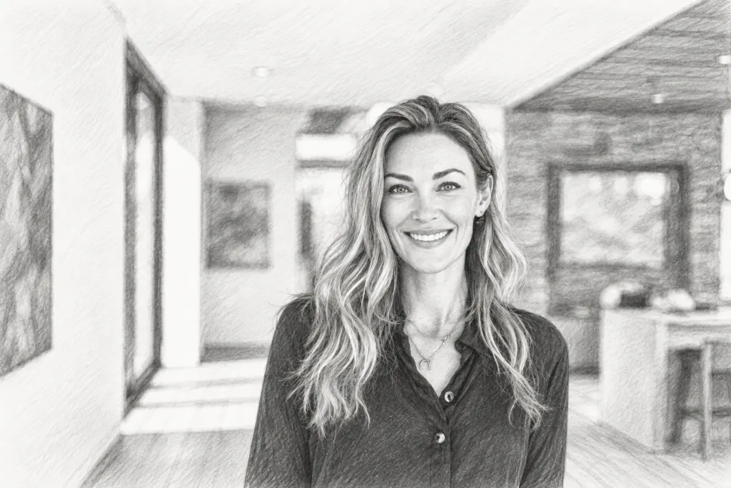 Smiling woman standing in a bright interior.