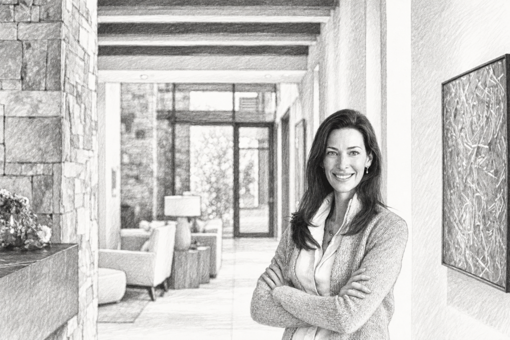 Smiling woman with folded arms standing in a bright interior.