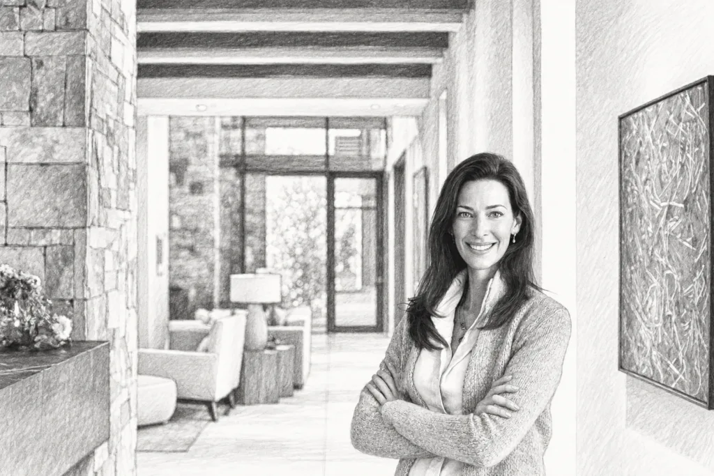 Smiling woman with folded arms standing in a bright interior.