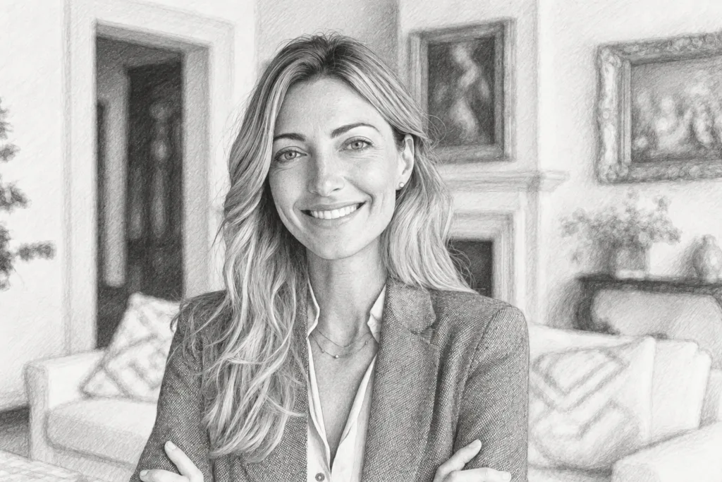 Smiling woman standing in a living room.