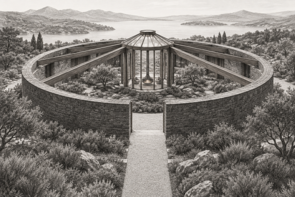 Luxury Real Estate Networking Strategies: Elite Power Plays 1 Circular stone residence around a tall glazed lantern room with radial cedar ribs.
