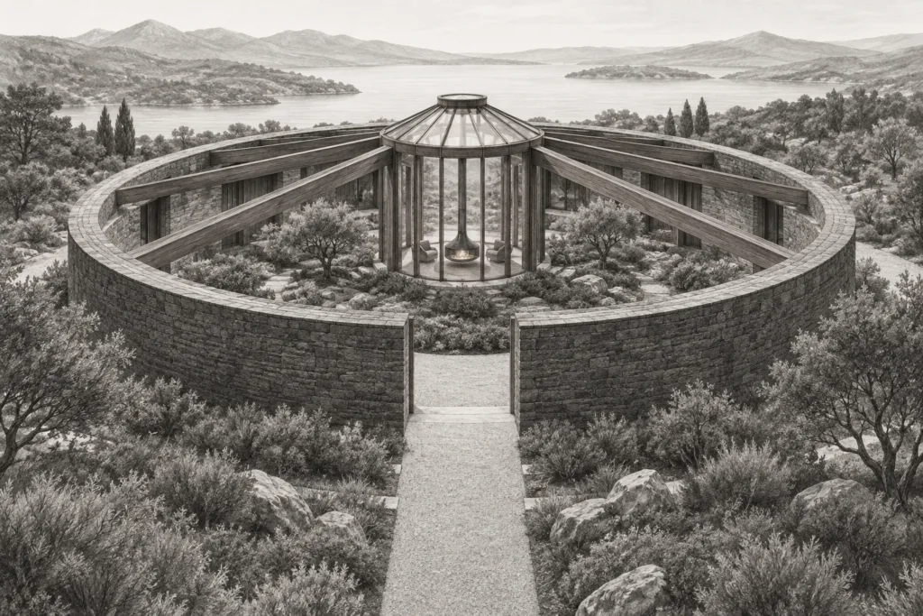 Circular stone residence around a tall glazed lantern room with radial cedar ribs.