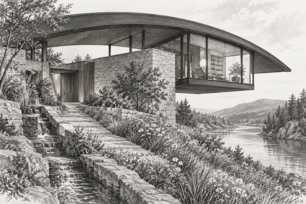 Luxury Real Estate Networking Strategies To Win Elite Referrals 1 River residence with an arched roof, suspended glazed reading room and wildflower slope.