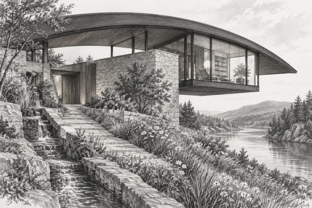 Luxury Real Estate Networking Strategies To Win Elite Referrals 1 River residence with an arched roof, suspended glazed reading room and wildflower slope.