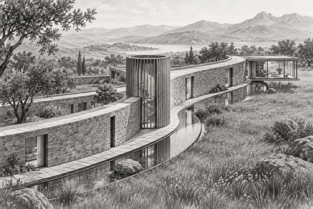 Meadow residence with a curved stone ribbon, stair turret, and reflecting trench.