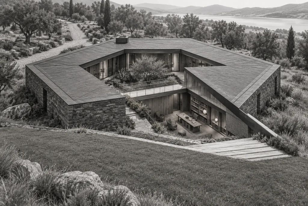 Time Leverage Blueprint For Luxury Real Estate Leaders 1 Meadow residence forming a hexagonal stone ring around a sunken timber study.