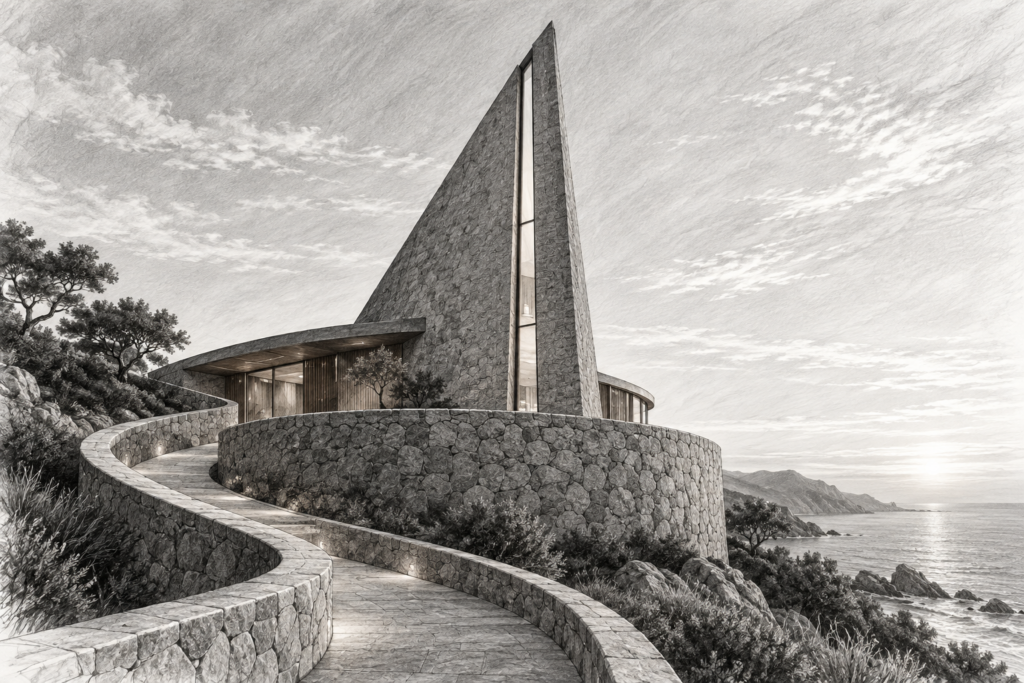 Coastal residence with a triangular masonry sail, narrow glazed slit and oval stone plinth.