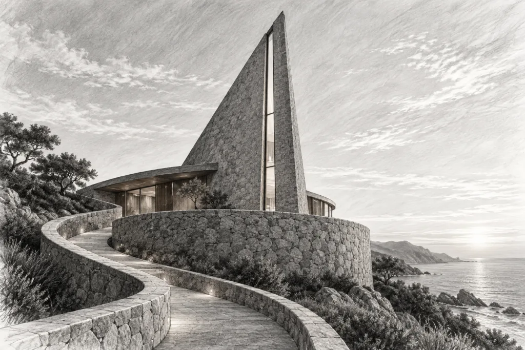 Revolutionizing Luxury Agent Storytelling: Unconventional Trust Tactics 1 Coastal residence with a triangular masonry sail, narrow glazed slit and oval stone plinth.