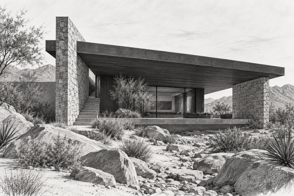 Boundary Systems For Luxury Real Estate Agents That Scale Revenue 1 Desert residence with a deep roof slab, stone walls, and shaded porch.