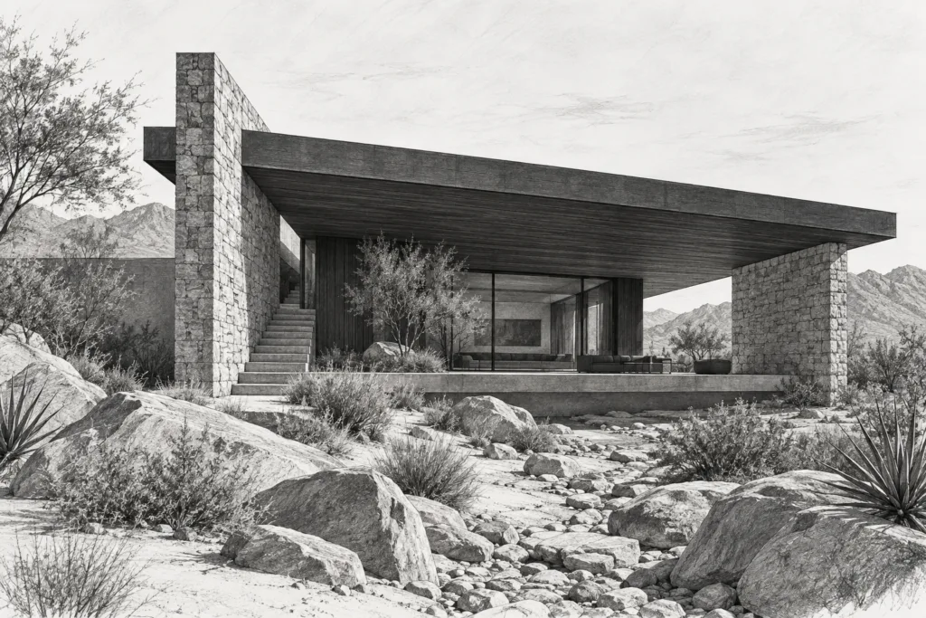 Desert residence with a deep roof slab, stone walls, and shaded porch.