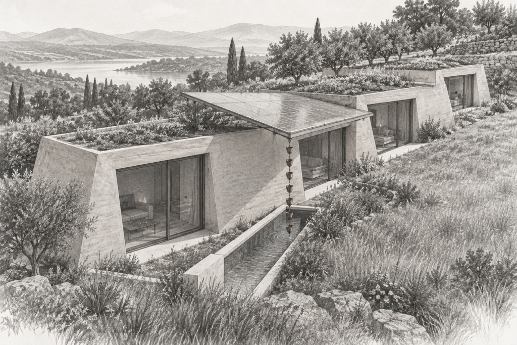 Green Luxury: A Sustainable Luxury Brokerage Strategy That Wins 1 Earth plastered residence with four offset rooms, a translucent solar canopy and a narrow cistern.