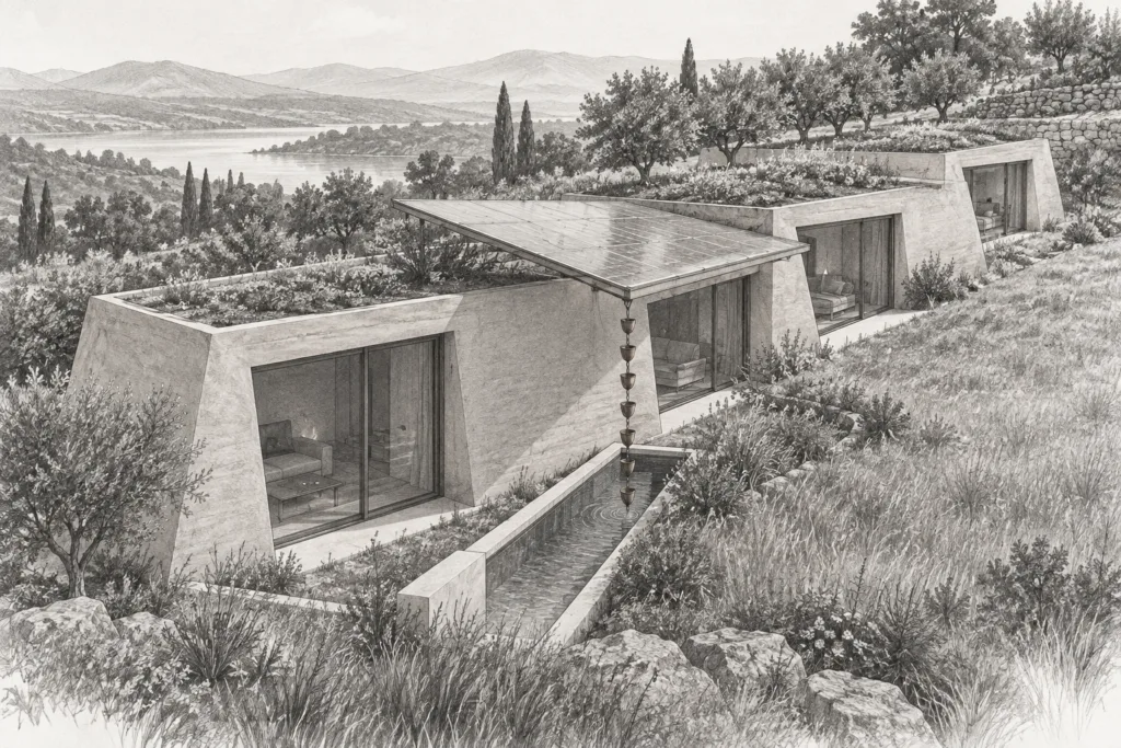 Green Luxury: A Sustainable Luxury Brokerage Strategy That Wins 1 Earth plastered residence with four offset rooms, a translucent solar canopy and a narrow cistern.