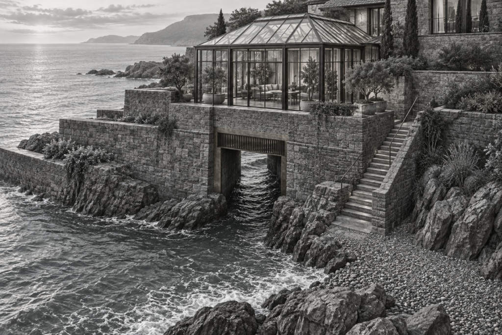 Luxury Real Estate Global Trends 2025: Unseen Forces Elite Agents Use 1 Coastal residence built into a stepped seawall with a glazed winter garden and tidal sluice.