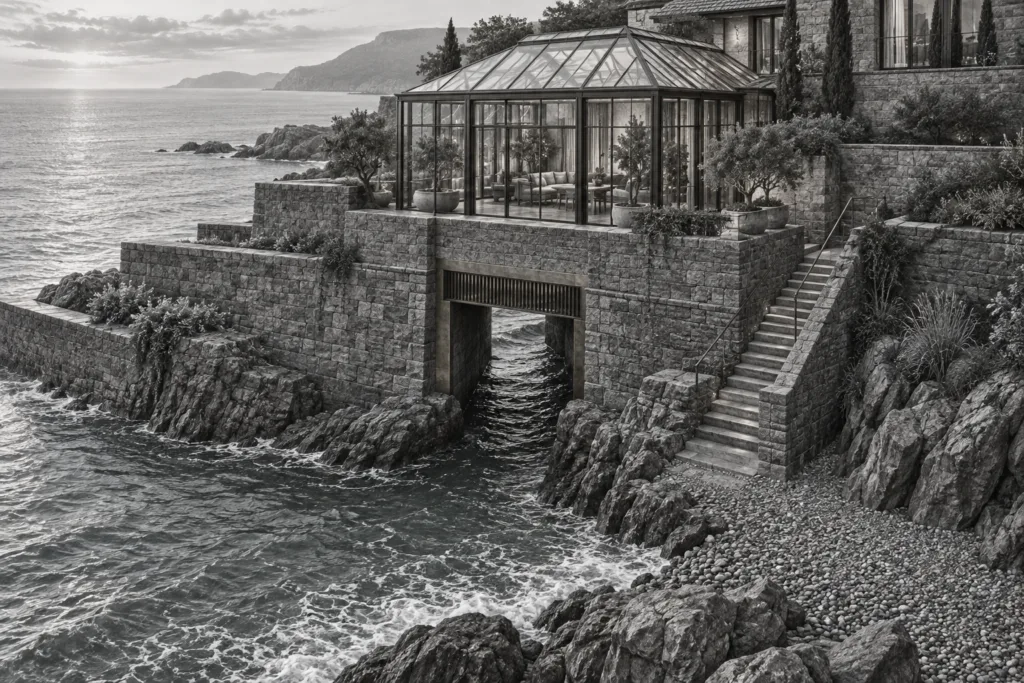 Luxury Real Estate Global Trends 2025: Unseen Forces Elite Agents Use 1 Coastal residence built into a stepped seawall with a glazed winter garden and tidal sluice.