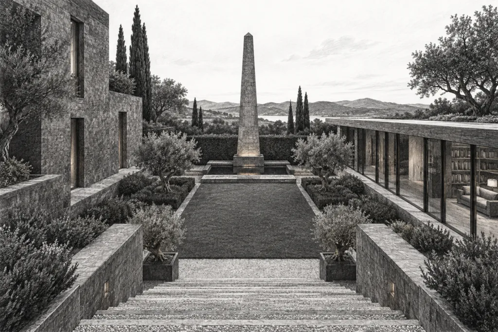 Luxury Real Estate Team Accountability: Systems That Actually Scale 1 Residence beside a sunken rectangular garden with a freestanding tapered stone obelisk.