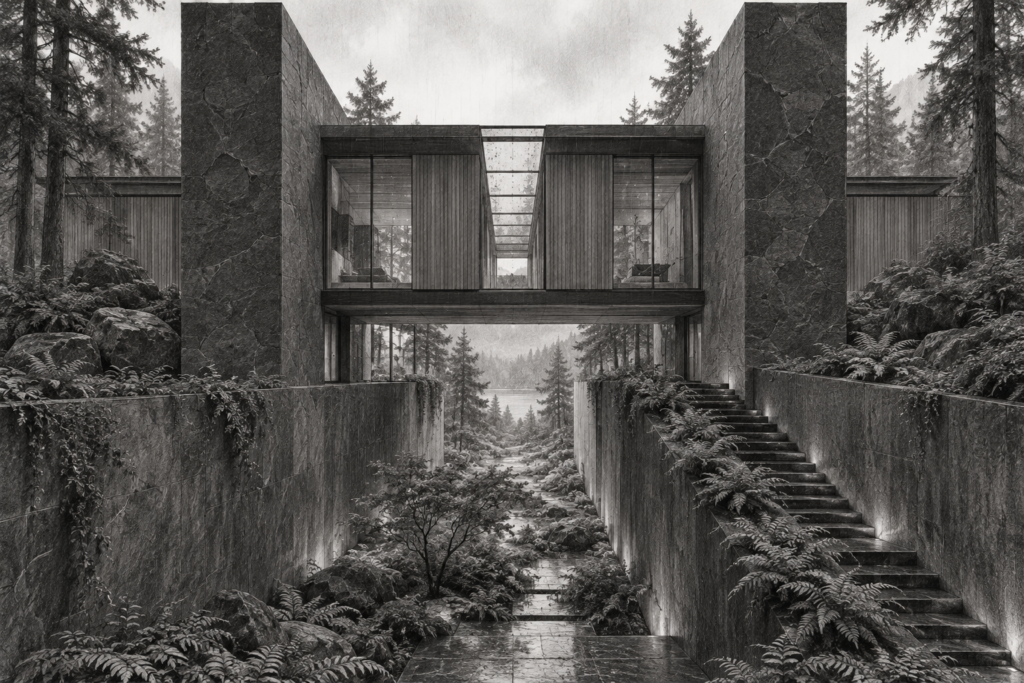 Boundary-Driven Performance For Luxury Real Estate Agents 1 Forest residence between stone brackets above a linear garden cut.