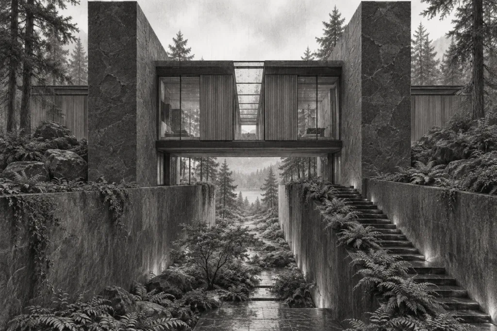 Forest residence between stone brackets above a linear garden cut.