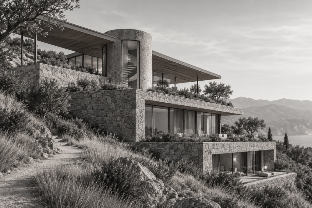 Luxury Real Estate Speaking Engagements: Dominate Stages, Win Listings 1 Hillside residence with three stepped roof terraces and a circular stair drum.
