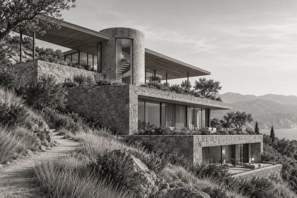 Luxury Real Estate Speaking Engagements: Dominate Stages, Win Listings 1 Hillside residence with three stepped roof terraces and a circular stair drum.