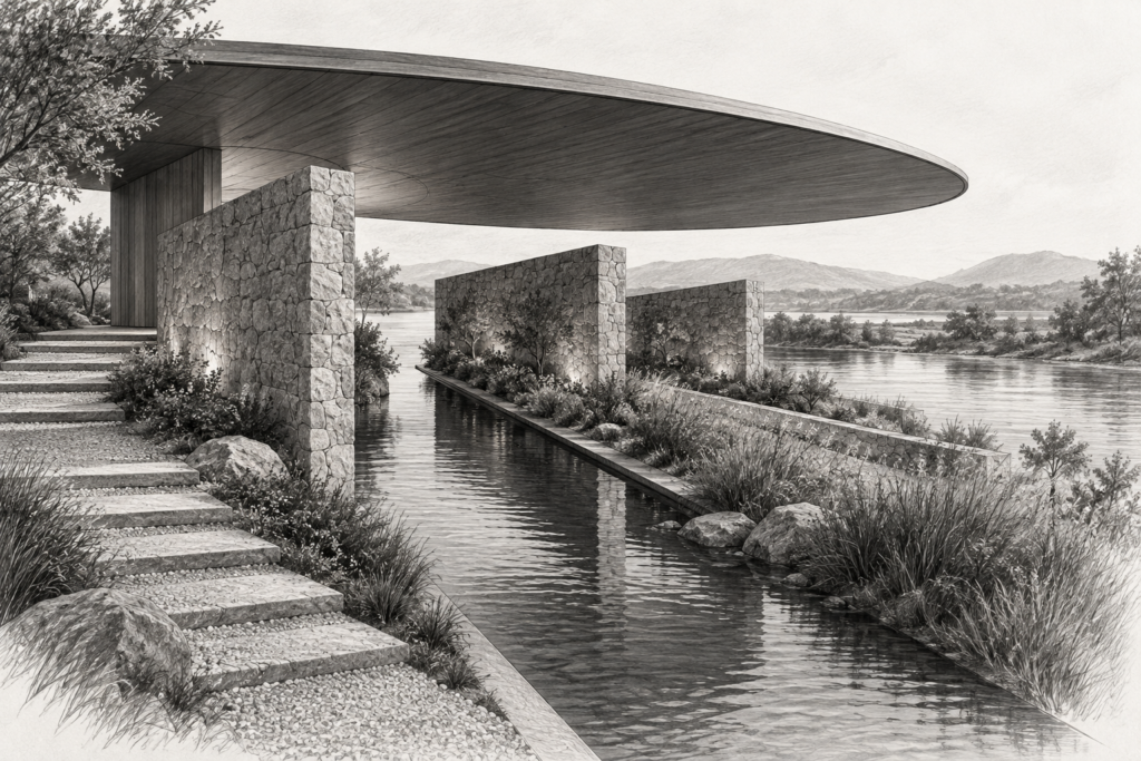 River residence beneath a broad oval roof with a narrow water channel between stone walls.
