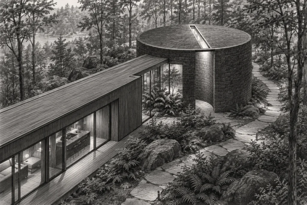 Luxury Real Estate Client Retention: Post-Sale Mastery That Scales 1 Woodland residence with a cedar bar ending in a circular stone rotunda.
