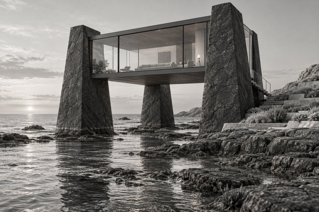 Automation For Luxury Real Estate Teams: The Operator’s Playbook 1 Coastal residence raised on three basalt piers with a glass living box above a tidal shelf.
