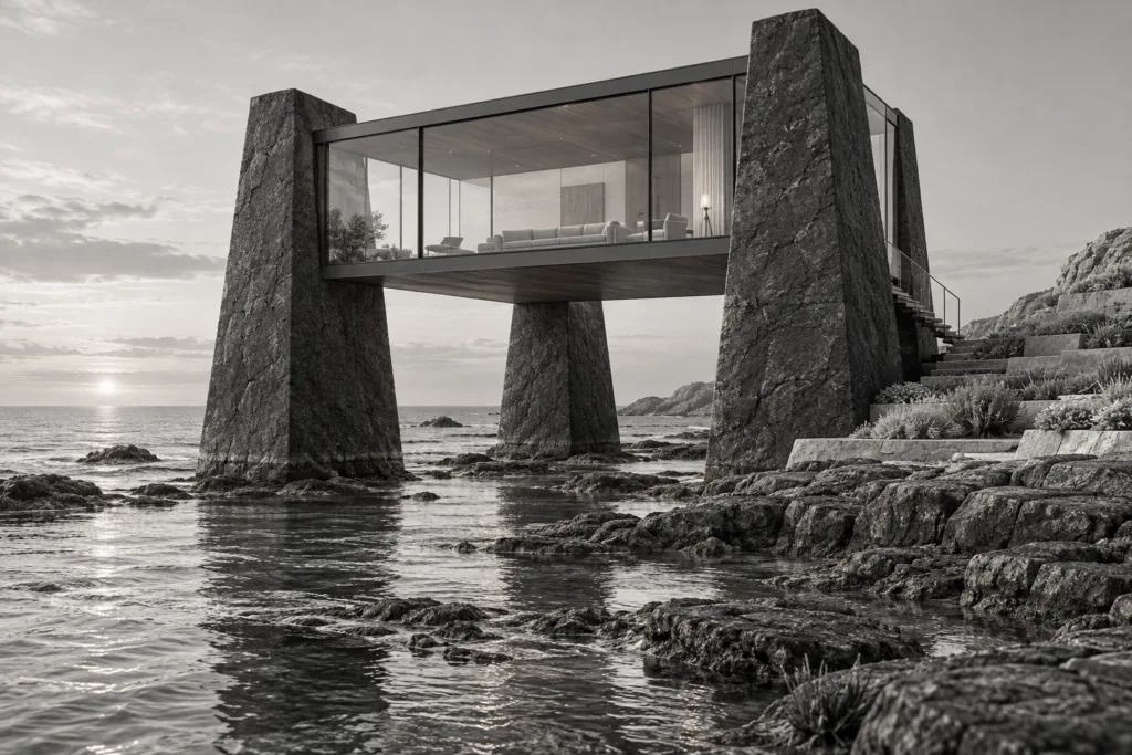 Automation For Luxury Real Estate Teams: The Operator’s Playbook 1 Coastal residence raised on three basalt piers with a glass living box above a tidal shelf.