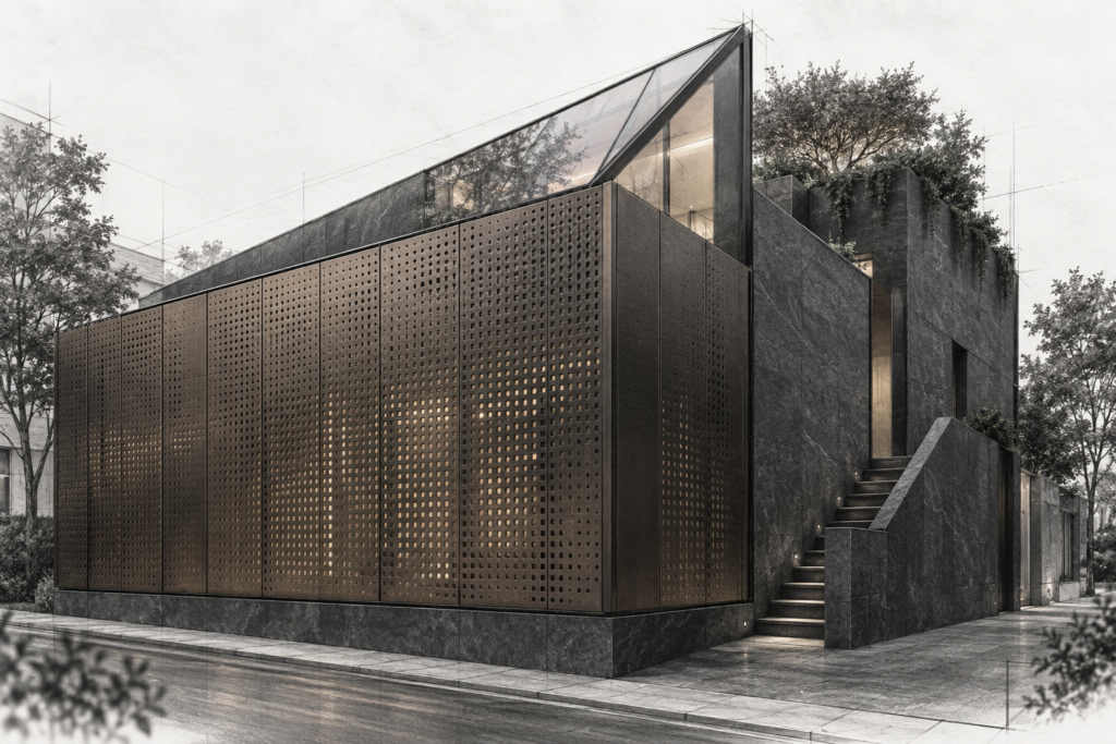 Luxury Real Estate Online Branding: Unconventional Tactics For Leaders 1 Urban residence behind a perforated facade with a diagonal glass roof wedge.