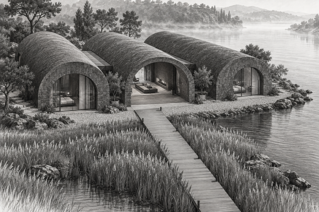 Riverbank residence of barrel-vaulted stone shells with a timber boardwalk.