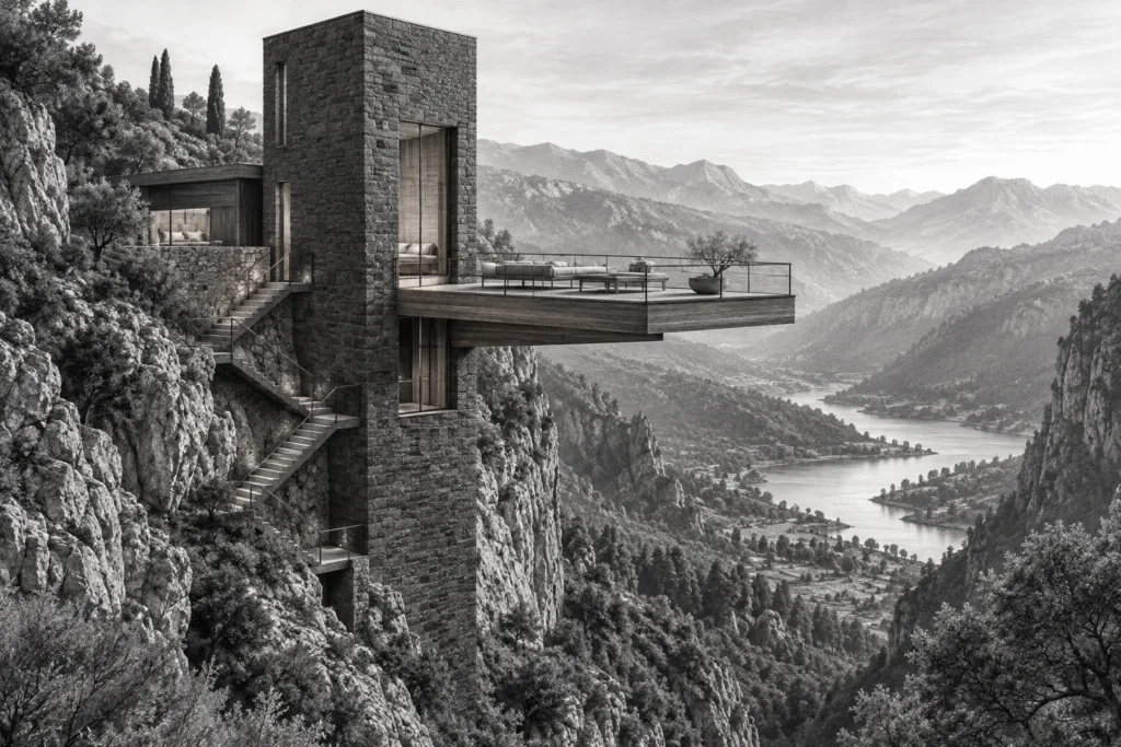 Luxury Real Estate Referral Strategies: Build An Elite Ecosystem 1 Ravine residence with a vertical stone tower, cantilevered viewing deck and zig-zag stair.