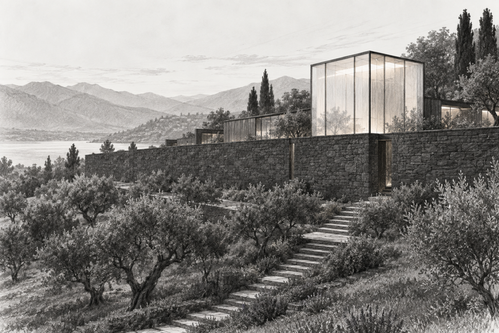 Luxury Real Estate Team Collaboration: Unconventional Synergy Hacks 1 Orchard residence with a translucent lantern cube rising above a long stone garden wall.