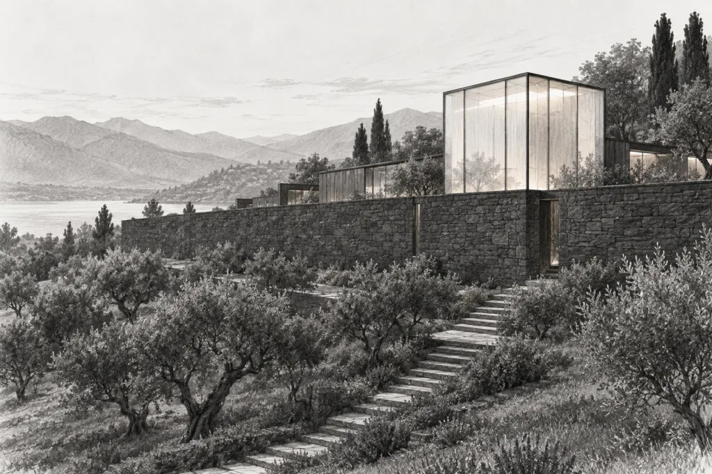 Orchard residence with a translucent lantern cube rising above a long stone garden wall.