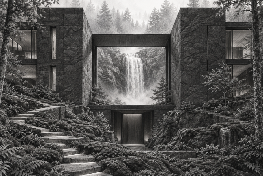 Hillside residence with a square waterfall opening between stone wings.