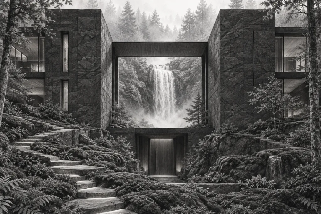 Hillside residence with a square waterfall opening between stone wings.