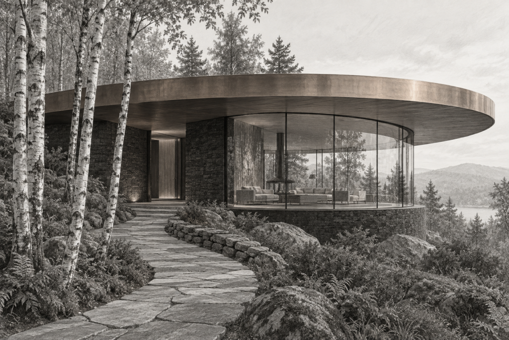 Forest residence beneath a thin roof disk and curved glazed room.
