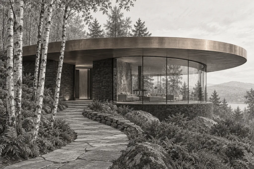Luxury Brokerage Employer Brand: Build A Magnet For Top Agents 1 Forest residence beneath a thin roof disk and curved glazed room.