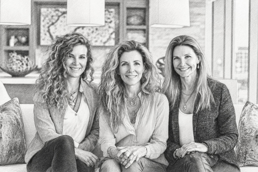 Three women seated together in a living room.