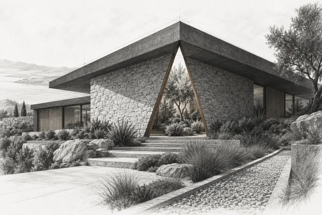 Social Media Strategies For Luxury Real Estate Agents In 2025 1 Hillside residence with a tall triangular opening framing a planted garden.